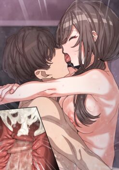 1boy 1girl breasts brown_hair censored closed_eyes commentary_request completely_nude cross-section cum ejaculation erere french_kiss idolmaster idolmaster_shiny_colors internal_cumshot kiss large_breasts long_hair low_twintails mosaic_censoring nipples nude penis sex tongue tongue_out tsukioka_kogane twintails uterus