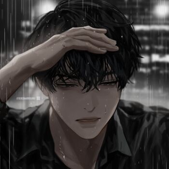1boy aegyo_sal averting_eyes black_eyes black_hair black_shirt blackbox_(blackbox9158) collared_shirt dim_lighting double-parted_bangs hair_between_eyes hand_to_forehead kim_dokja light_particles limited_palette male_focus omniscient_reader&#039;s_viewpoint outdoors parted_lips portrait rain shirt short_hair solo