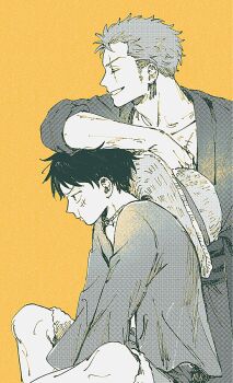 Rule 34 | 2boys, closed eyes, closed mouth, collarbone, commentary, elbow rest, facial scar, feet out of frame, from side, fur-trimmed shorts, fur trim, gohan ooo, hat, indian style, leaning on person, long sleeves, male focus, monkey d. luffy, multiple boys, one piece, orange background, parted lips, profile, roronoa zoro, scar, scar across eye, scar on cheek, scar on chest, scar on face, short hair, shorts, sitting, straw hat, unworn hat, unworn headwear