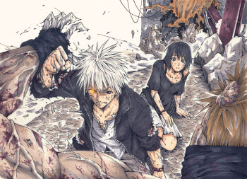 Rule 34 | 1girl, 2boys, absurdres, bad id, bad pixiv id, bare shoulders, battle, belt, black eyes, black hair, black jacket, blood, blood on clothes, blood on face, blood on hands, bracelet, claws, clenched teeth, collarbone, crack, dust, fingernails, glowing, glowing eye, heterochromia, highres, injury, jacket, jewelry, marker (medium), minaka shobu, monster, multiple boys, muscular, open clothes, open jacket, orange eyes, orange hair, original, outdoors, parted lips, protecting, rubble, sex through torn clothes, short hair, spiked hair, tearing up, tears, teeth, torn clothes, torn jacket, traditional media, veins, white hair, zombie