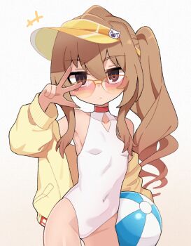 1girl :/ aisaka_taiga armpits ball bare_shoulders beachball blue_archive blush breasts brown_eyes brown_hair closed_mouth clothing_cutout collarbone commentary contrapposto cosplay covered_navel cowboy_shot diamond_cutout dot_nose english_commentary expressionless film_grain glasses hair_between_eyes halftone hand_up highleg highleg_one-piece_swimsuit highres holding holding_ball holding_beachball jacket koonowen loli long_hair long_sleeves looking_at_viewer off_shoulder one-piece_swimsuit orange-tinted_eyewear seia_(blue_archive) seia_(blue_archive)_(cosplay) seia_(swimsuit)_(blue_archive) semi-rimless_eyewear side_ponytail sidelocks simple_background small_breasts solo standing straight_hair swimsuit thighs tiger_hair_ornament tinted_eyewear toradora! very_long_hair visor_cap w w_over_eye white_background white_one-piece_swimsuit yellow-framed_eyewear yellow_jacket yellow_visor