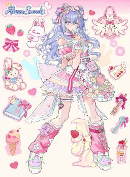 1girl absurdres alcremie aqua_nails bare_shoulders blue_hair book boots bow cake cake_slice character_name commentary_request crossed_bangs dress fingernails food frilled_thigh_strap full_body gen_8_pokemon hair_between_eyes hair_ornament hand_up heart heart_hair_ornament highres idolmaster idolmaster_shiny_colors jewelry key leg_warmers long_hair looking_at_viewer mou_(piooooon) multicolored_dress multiple_rings nail_polish nintendo open_mouth pink_bow pink_dress pink_leg_warmers pokemon pokemon_(creature) purple_boots purple_eyes ring short_sleeves solo_focus suzuki_hana thigh_strap v wavy_hair white_background x_hair_ornament