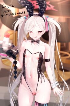 1girl :q anal_beads animal_ears armlet bar_censor barbell_piercing blue_archive bow bowtie censored closed_mouth collarbone commission condom condom_belt condom_box condom_in_hair condom_thigh_strap condom_wrapper cowboy_shot fake_animal_ears flat_chest from_above grey_hair half-closed_eyes halo highleg highleg_leotard highres holding holding_tray indoors jewelry leotard long_hair looking_at_viewer lotion_bottle mesugaki mutsuki_(blue_archive) navel nikichiho nipple_piercing nipples nude piercing playboy_bunny pointy_ears purple_eyes pussy rabbit_ears red_halo second-party_source see-through_clothes see-through_leotard sex_toy skeb_commission skindentation solo stomach thigh_strap tongue tongue_out translucent_bunnysuit tray twintails used_condom very_long_hair white_wrist_cuffs wrist_cuffs