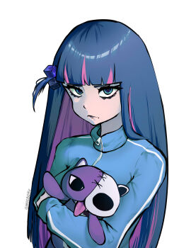 1girl absurdres adapted_costume black_eyeliner blue_eyes blue_hair bocchi_the_rock! breasts colored_inner_hair commentary cosplay cube_hair_ornament eyeliner frown gotoh_hitori gotoh_hitori_(cosplay) hair_ornament highres holding holding_stuffed_toy jacket large_breasts makeup mosboru multicolored_hair one_side_up panty_&amp;_stocking_with_garterbelt pink_hair solo stocking_(psg) streaked_hair stuffed_toy track_jacket twitter_username two-tone_hair upper_body