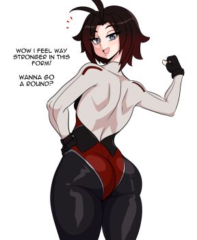 1girl absurdres ass ass_focus bodysuit fingerless_gloves flexing from_behind gloves grey_eyes half-closed_eyes highres huge_ass justice_league_x_rwby:_super_heroes_and_huntsmen kinathefox looking_at_viewer looking_back red_hair red_scarf ruby_rose rwby scarf short_hair smile solo standing thick_thighs thighs
