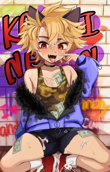 1boy absurdres animal_ears bandages black_choker black_ears blonde_hair blush camouflage camouflage_shirt cat_ears choker commission cum cum_on_body earrings facial fangs fur_trim highres indie_virtual_youtuber jacket jewelry kainen kayupon looking_at_viewer male_focus money open_mouth purple_jacket red_eyes shirt skeb_commission solo sweatdrop tongue tongue_out trap virtual_youtuber