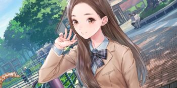 1other 2girls 5boys animal bench black_bow black_bowtie blazer blue_reflection_(series) blue_reflection_sun blue_sky bow bowtie brick_road brown_eyes brown_hair brown_jacket building closed_mouth day dutch_angle elephant forehead game_cg giraffe hand_up highres ikoma_ayami jacket kishida_mel long_hair long_sleeves looking_at_viewer multiple_boys multiple_girls non-web_source official_art outdoors plaid_bow plaid_bowtie plaid_clothes railing shirt sky smile solo_focus straight_hair tree upper_body white_shirt zoo