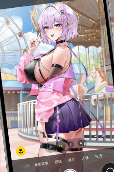 1girl bad_bilibili_link bad_link black_choker black_nails blush breasts cellphone character_request choker earrings from_side hair_ornament hairclip hand_up highres indie_virtual_youtuber jewelry long_sleeves looking_at_viewer miniskirt mole mole_under_eye open_mouth phone pleated_skirt purple_eyes purple_hair purple_nails qing_wu red_nails ring sideboob single_fishnet_legwear skirt smartphone stud_earrings taking_picture thigh_strap tongue tongue_out v-bangs virtual_youtuber