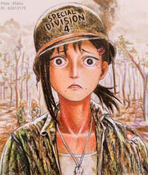 Rule 34 | 1boy, 2girls, absurdres, brown eyes, brown hair, cat, chainsaw man, collarbone, combat helmet, commentary, denji (chainsaw man), dog tags, east-west crossover, efairu 666, english commentary, fine art parody, forest, frown, hair ornament, hairclip, helmet, higashiyama kobeni, highres, jacket, looking at viewer, medium hair, meowy (chainsaw man), military fatigues, military uniform, mole, multiple girls, multiple moles, nature, open clothes, open jacket, outdoors, parody, portrait, power (chainsaw man), ptsd, shirt, single sidelock, soldier, solo focus, staring, straight-on, the two-thousand yard stare, thousand yard stare, tilted headwear, torn clothes, torn jacket, traditional media, tree, upper body, watermark, white shirt, wide-eyed