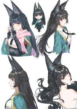 1girl absurdres animal_ears aqua_jacket bandages belt black_hair blunt_bangs fingerless_gloves fox_ears fox_girl gloves high-waist_skirt highres hongshi hoshimi_miyabi jacket long_hair multiple_views red_eyes sarashi shirt side_slit skirt white_shirt wide_sleeves zenless_zone_zero