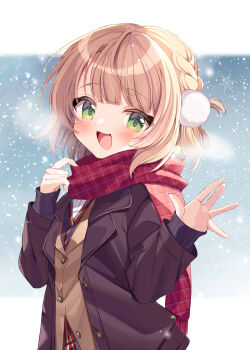 1girl absurdres black_shirt blonde_hair blush brown_jacket green_eyes highres indie_virtual_youtuber jacket kiyokura_meru looking_at_viewer medium_hair red_scarf scarf shigure_ui_(vtuber) shirt smile snow snowflakes snowing solo virtual_youtuber