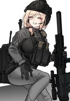1girl absurdres ammunition_pouch animal_ears arm_patch assault_rifle backpack bag battle_rifle black_bag black_gloves blonde_hair breasts brown_scrunchie bulletproof_vest closed_eyes combat_helmet fn_scar foregrip gloves grey_jacket grey_pants gun hair_ornament hair_over_one_eye hair_over_shoulder hair_scrunchie helmet highres holding holding_gun holding_weapon horse_ears jacket k0ng large_breasts magazine_(object) medium_hair merc-san_(k0ng) original pants parted_lips pouch radio_antenna rifle scope scrunchie simple_background smartphone_case smile solo suppressor weapon white_background