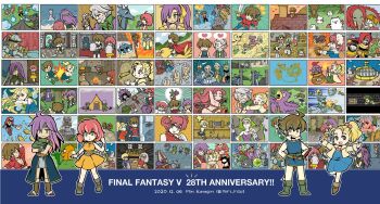 6+boys 6+girls alexander_highwind_tycoon anniversary artist_name atmos_(one_piece) bahamut_(final_fantasy) bartz_klauser beastmaster_(final_fantasy) blonde_hair boots brown_hair calofisteri cannoneer catastrophe chocobo cid_(ff5) copyright_name dancer_(final_fantasy) dated dorgann_klauser enkidu_(ff5) exdeath facial_hair faris_scherwiz final_fantasy final_fantasy_v galuf_halm_baldesion ghido gilgamesh_(final_fantasy) gogo grey_hair halicarnassus highres kelger_vlondett knight_(final_fantasy) krile_mayer_baldesion_(ff5) lenna_charlotte_tycoon magic_pot melusine mid_previa miri_(mirik) monk_(final_fantasy) moogle multiple_boys multiple_girls necromancer_(final_fantasy) necrophobe omega_(final_fantasy) omega_weapon oracle pink_hair purple_hair samurai_(final_fantasy) shinryu_(final_fantasy) submarine summoner_(final_fantasy) syldra thief_(final_fantasy) twitter_username watercraft white_mage_(final_fantasy) xezat_matias_surgate