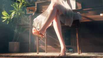 1girl absurdres commentary_request crossed_legs dress feet foot_focus glass_slipper head_out_of_frame high_heels highres indoors instrument legs lower_body mr_ito original piano plant potted_plant see-through_clothes see-through_footwear shoe_dangle sitting soles solo sunlight table thighs toes white_dress
