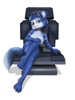 arm_tattoo blue_eyes blue_fur blue_hair breasts chair claws covering_breasts covering_privates fox fox_tail furry furry_female krystal large_breasts nintendo nude scruffbucket seductive_gaze sitting star_fox star_fox_assault tail tattoo