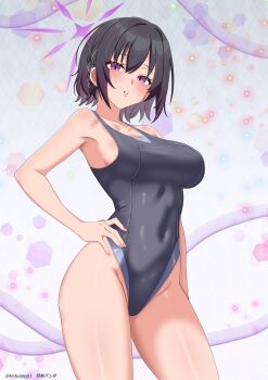 1girl :o absurdres black_hair black_one-piece_swimsuit blue_archive blush breasts collarbone commentary_request competition_swimsuit halo hand_on_own_hip highleg highleg_one-piece_swimsuit highres kenja_panda large_breasts looking_at_viewer one-piece_swimsuit parted_lips purple_eyes purple_halo short_hair solo standing subaru_(blue_archive) swimsuit thighs