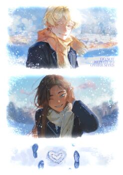Rule 34 | 1boy, 1girl, 2025, alien stage, black jacket, brown hair, colored eyelashes, commentary, eliasis, grey eyes, hashtag-only commentary, heart, highres, hyuna (alien stage), jacket, long hair, luka (alien stage), one eye closed, orange scarf, scarf, short hair, signature, smile, snowing, tucking hair, very short hair, watermark, white scarf, yellow eyes