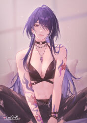 Rule 34 | 1girl, acheron (honkai: star rail), ahoge, alternate costume, arm belt, arm tattoo, armpit crease, bare shoulders, black bra, black choker, black panties, black pants, bra, bracelet, breasts, chain, chain necklace, choker, cleavage, commentary, diamond-shaped pupils, diamond (shape), earrings, english commentary, eyes visible through hair, flower, hair over one eye, highres, honkai: star rail, honkai (series), indian style, jewelry, ladywaltz, large breasts, midriff, multicolored hair, necklace, panties, pants, parted lips, partially unzipped, purple hair, red flower, signature, sitting, solo, spiked bracelet, spikes, stomach, streaked hair, symbol-shaped pupils, tattoo, torn clothes, torn pants, underwear