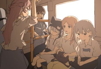 Rule 34 | 5girls, animal ear headwear, bang dream!, bang dream! it's mygo!!!!!, black bag, black hair, blue eyes, blush, brown hair, chihaya anon, closed mouth, fake animal ears, grey hair, hair ornament, hairclip, highres, kaname raana, looking at another, multiple girls, mygo!!!!! (bang dream!), nagasaki soyo, open mouth, pink hair, punicchi, purple eyes, raana the cat, shiina taki, shirt, short hair, sleeping, takamatsu tomori, vehicle interior, white hair, white shirt