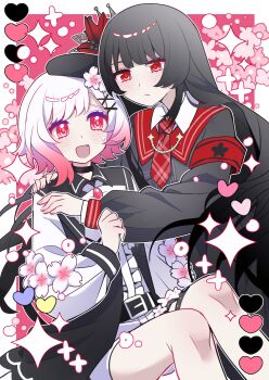 2girls :d absurdres armband artist_request belt beret black_belt black_choker black_hair black_hat black_shirt blunt_bangs border cherry_blossoms chinese_commentary choker closed_mouth commentary_request commission flower gradient_hair hair_flower hair_ornament hat heart highres hug long_hair long_sleeves looking_at_another mahou_shoujo_no_majo_saiban multicolored_hair multiple_girls necktie nikaido_hiro open_mouth pink_background pink_eyes pink_hair red_armband red_eyes red_flower red_necktie sakuraba_ema second-party_source shirt short_hair sitting smile sparkle white_border white_hair x_hair_ornament