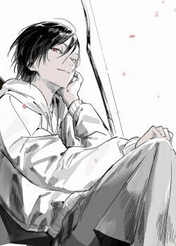 Rule 34 | 1boy, alternate costume, black hair, closed mouth, commentary request, grey pants, hand on own face, highres, hood, hoodie, kichigo 1218, light smile, looking at viewer, male focus, matoba seiji, natsume yuujinchou, pants, petals, pink petals, red eyes, short hair, sitting, solo, white background, white hoodie