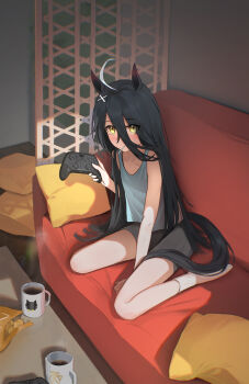 1girl absurdres ahoge animal_ears black_hair black_shorts blush chips_(food) coffee coffee_mug controller couch cuo cup dev_grater food game_controller hair_between_eyes hair_ornament hashtag-only_commentary highres holding holding_controller holding_game_controller horse_ears horse_girl horse_tail lollipop_in_mouth long_bangs long_hair looking_at_viewer manhattan_cafe_(umamusume) mug multicolored_hair nintendo_switch_2 pillow shorts sitting socks solo steaming_cup tail tank_top umamusume very_long_hair wariza white_hair white_socks x_hair_ornament yellow_eyes