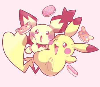 :d ;d alolan_form alolan_raichu black_eyes brown_eyes cheek-to-cheek commentary cookie creature_as_food english_commentary food gen_1_pokemon gen_2_pokemon gen_7_pokemon happy heads_together highres loveycloud nintendo no_humans one_eye_closed open_mouth pichu pikachu pink_background pokemon pokemon_(creature) raichu simple_background smile spiky-eared_pichu