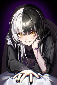 1girl absurdres alternate_costume black_hair black_nails blunt_bangs breasts commentary fingernails grey_hair grin hand_on_own_cheek hand_on_own_face head_rest highres hololive hololive_english jewelry large_breasts long_fingernails long_hair long_sleeves looking_at_viewer multicolored_hair multiple_rings nail_polish purple_shirt ribbon-trimmed_sleeves ribbon_trim ring see-through_cleavage see-through_clothes shiori_novella shirt shrug_(clothing) smile solo split-color_hair symbol-only_commentary tagua two-tone_hair virtual_youtuber yellow_eyes