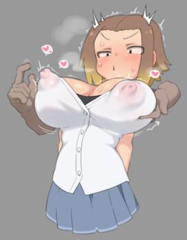 1boy 1girl alternate_breast_size_(larger) basukechi black_eyes blonde_hair blue_skirt blush breasts brown_hair covered_erect_nipples grabbing_another&#039;s_breast groping heart hetero huge_breasts kasamaru_aoi motion_lines multicolored_hair nipple_stimulation ruri_no_houseki shirt simple_background skirt spoken_heart sweat twitching_nipples white_shirt wide-eyed