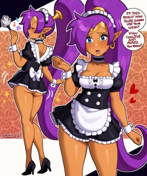 Rule 34 | 1girl, absurdres, apron, ass, ass peek, bare legs, black shoes, breasts, cleavage, dark-skinned female, dark skin, duster, earrings, feather duster, frilled apron, frills, high heels, highres, hoop earrings, jewelry, maid, maid apron, maid headdress, pointy ears, purple hair, sarukaiwolf, shantae, shantae (series), shoes, solo, speech bubble, thighs, tiara, waist apron, white apron, wrist cuffs