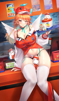 1girl baseball_cap between_thighs bird black_bra black_panties bow bow_choker bra breasts chicken choker cleavage commentary earrings eating english_commentary feather_earrings feathers food gainoob hat highres holding holding_tray hololive hololive_english jewelry kfp kfp_employee_(takanashi_kiara) large_breasts noodles on_counter orange_hair panties purple_eyes ramen sitting skirt skirt_around_one_leg takanashi_kiara takanashi_kiara_(1st_costume) thighhighs thighs tray underwear virtual_youtuber white_thighhighs white_wings wings