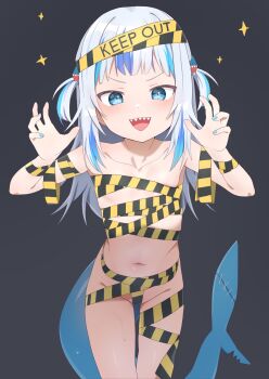1girl blue_eyes blue_hair blue_nails blue_streaks blunt_bangs caution_tape claw_pose collarbone commentary cowboy_shot english_commentary fins fish_tail flat_chest gawr_gura grey_background hair_ornament highres hololive hololive_english keep_out loli long_hair looking_at_viewer multicolored_hair naked_tape navel official_alternate_costume onion_(tamanegi) open_mouth paid_reward_available shark_hair_ornament shark_tail sharp_teeth simple_background skindentation smile solo sparkle streaked_hair tail teeth two-tone_hair two_side_up upper_teeth_only v-shaped_eyebrows virtual_youtuber white_hair