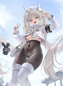 1girl absurdres black_pantyhose blanc_(fortune_express)_(nikke) blanc_(nikke) boots breasts coat commentary covered_navel double_v fur-trimmed_boots fur_trim goddess_of_victory:_nikke hair_intakes hat highres long_hair looking_at_viewer medium_breasts official_alternate_costume official_alternate_hairstyle open_mouth outdoors panties panties_under_pantyhose pantyhose phusit sky smile solo underboob underwear v very_long_hair white_boots white_coat white_hair white_hat white_panties winter_clothes winter_coat yellow_eyes