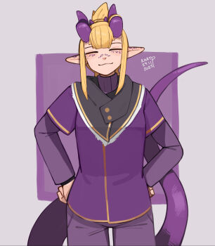 Rule 34 | 1girl, :3, = =, blonde hair, closed eyes, closed mouth, commentary, cowboy shot, dated, english commentary, hands on own hips, highres, horns, jacket, kart prowler, laffy (kart prowler), lizard tail, long sleeves, original, pants, pointy ears, purple horns, purple jacket, purple pants, purple shirt, reptile girl, shirt, sidelocks, signature, smile, solo, tail, turtleneck
