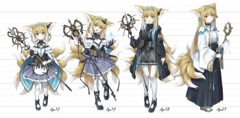 1girl :d absurdres aged_up alternate_costume animal_ears arknights bare_shoulders black_gloves black_hakama black_jacket black_shoes black_shorts blonde_hair blue_dress blue_fire blue_hairband blunt_ends braid braided_hair_rings character_age closed_mouth colored_tips commentary_request dress earpiece extra_ears fire flower fox_ears fox_girl fox_tail frilled_dress frills full_body gloves green_eyes hair_flower hair_ornament hair_rings hairband hakama hakama_skirt headset highres holding holding_staff infection_monitor_(arknights) jacket japanese_clothes kimono kitsune kyuubi long_hair long_skirt long_sleeves looking_at_viewer material_growth miko multicolored_hair multiple_tails multiple_views open_clothes open_jacket open_mouth oripathy_lesion_(arknights) pantyhose pantyhose_under_shorts pleated_skirt puffy_long_sleeves puffy_sleeves sandals semi_colon shoes short_hair short_shorts shorts simple_background single_glove skirt smile socks staff suzuran_(arknights) tail tassel tassel_hair_ornament twin_braids white_background white_hair white_kimono white_pantyhose white_socks wide_sleeves zouri