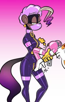 2girls bodysuit donkey_kong_(series) donkey_kong_bananza elbow_gloves fisting gloves hat high_heels latex latex_bodysuit latex_gloves mouth_mask multiple_girls nurse nurse_cap poppy_kong qqlettuce rouge_the_bat sonic_(series) surgical_cap surgical_mask tail yuri zipper