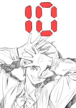 1girl boku_no_hero_academia greyscale hachisuka_kuin hair_over_one_eye looking_at_viewer mana30row monochrome official_art sharp_teeth short_hair simple_background smile solo teeth vigilante_-boku_no_hero_academia:_illegals- white_background