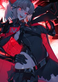 1girl absurdres belt black_belt black_cape black_gloves black_leotard black_skirt breasts buckle cape commentary covered_navel cowboy_shot drake_(nikke) elbow_gloves gloves goddess_of_victory:_nikke groin gun hair_ornament hand_on_own_hip headgear highleg highleg_leotard highres holding holding_gun holding_weapon kimkichun leotard looking_at_viewer medium_breasts official_alternate_costume open_mouth over_shoulder parted_bangs red_eyes sharp_teeth short_hair shotgun sidelocks skirt smile snap-fit_buckle solo standing teeth weapon weapon_over_shoulder white_hair