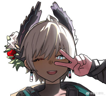 1girl ;d arknights black_jacket blue_eyes earrings gloves grey_hair highres jacket jewelry long_sleeves looking_at_viewer one_eye_closed open_mouth pink_gloves portrait raidian_(arknights) short_hair simple_background smile solo v v_over_eye watermark weibo_watermark white_background wwfo_2