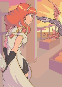 celica_(fire_emblem) davewaterfalls dragon dragon_horns earrings feathered_wings fingerless_gloves fire_emblem fire_emblem_echoes:_shadows_of_valentia gloves grima_(fire_emblem) horns jewelry nintendo red_eyes red_hair sunset tiara wings yogurt