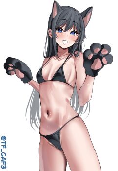 1girl :d absurdres alternate_costume animal_ears animal_hands asashio_(kancolle) bikini black_bikini black_hair blue_eyes blush breasts cat_ears collarbone cowboy_shot gloves hair_between_eyes highres kantai_collection long_hair looking_at_viewer navel one-hour_drawing_challenge open_mouth paw_gloves sidelocks simple_background skindentation small_breasts smile solo standing stomach string_bikini swimsuit tf_cafe twitter_username very_long_hair white_background