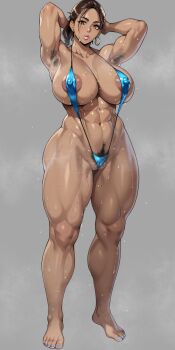 1girl abs alternate_muscle_size areola_slip armpit_hair armpits biceps blush breasts brown_eyes brown_hair cleavage covered_erect_nipples curvy dark-skinned_female dark_skin earrings female_pubic_hair full_body highres hoop_earrings huge_breasts jewelry large_breasts looking_at_viewer mature_female muscular muscular_female muscular_legs nanabe_78 navel obliques parted_lips ponytail presenting_armpit pubic_hair resident_evil resident_evil_5 sheva_alomar short_hair short_ponytail simple_background slingshot_swimsuit solo standing sweat swimsuit thighs toned