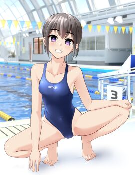 1girl absurdres barefoot black_hair blue_one-piece_swimsuit breasts cameltoe clothes_writing collarbone commentary_request competition_swimsuit covered_navel grin highleg highleg_one-piece_swimsuit highres indoors looking_at_viewer one-piece_swimsuit original parted_lips pool poolside purple_eyes short_hair small_breasts smile solo spread_legs squatting string_of_flags swimsuit takafumi tiptoes toes variant_set very_short_hair
