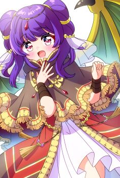 1girl :d blush brown_capelet capelet cowboy_shot dragon_girl dragon_wings dress fire_emblem fire_emblem:_the_sacred_stones fire_emblem_heroes highres looking_at_viewer mmmera827 myrrh_(fire_emblem) myrrh_(guardian_dragon)_(fire_emblem) nintendo official_alternate_costume open_mouth pink_eyes purple_hair smile solo white_background wings