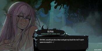 1girl breasts character_name commentary dialogue_box diamond-shaped_pupils diamond_(shape) elf english_commentary english_text fake_screenshot hades_(series) hades_2 highres honkai_(series) honkai_impact_3rd jiajuniee large_breasts long_hair looking_at_viewer nude pink_hair pointy_ears purple_eyes solo symbol-shaped_pupils twitter_username very_long_hair wet