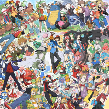 00s 10s 1990s_(style) absolutely_everyone aggron arcanine barry_(pokemon) bianca_(pokemon) blastoise blue_oak brendan_(pokemon) bulbasaur charmander cheren_(pokemon) chikorita chimchar cottonee cyndaquil cynthia_(pokemon) dawn_(pokemon) dewott diglett dragonite dual_persona eevee emolga empoleon ethan_(pokemon) eusine_(pokemon) everyone farfetch'd fire floatzel gen_1_pokemon gen_2_pokemon gen_3_pokemon gen_4_pokemon gen_5_pokemon gothita green_(pokemon) grotle hat highres hilbert_(pokemon) hilda_(pokemon) jigglypuff kris_(pokemon) lance_(pokemon) legendary_pokemon litwick lucas_(pokemon) lyra_(pokemon) magikarp may_(pokemon) metagross milotic minccino monferno mudkip munna n_(pokemon) nintendo norman_(pokemon) oshawott palmer_(pokemon) panpour pansage pansear petilil pidgeot pignite pikachu poke_ball pokemon pokemon_(creature) pokemon_bw pokemon_dppt pokemon_gsc pokemon_hgss pokemon_rgby pokemon_rse prinplup red_(pokemon) reshiram retro_artstyle scarf scrafty servine sewaddle silver_(pokemon) snivy solosis spiritomb squirtle starmie steven_stone suicune tepig torchic totodile treecko trubbish turtwig tympole vulpix wallace_(pokemon) zekrom zorua