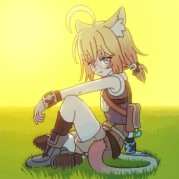 1girl :3 ahoge alternate_costume animal_ears aqua_eyes arm_on_knee bell black_ribbon black_socks blonde_hair boots brown_bag brown_shorts cat_ears cat_girl cat_tail closed_mouth commentary english_commentary eyelashes fang full_body glasses grass grey_boots hair_bell hair_ornament hair_ribbon indie_virtual_youtuber medium_hair minikomew outdoors pink-framed_eyewear pixel_art rangelost ribbon round_eyewear short_twintails shorts sitting skin_fang sky sleeveless smile socks solo sun tail twintails virtual_youtuber yellow_sky