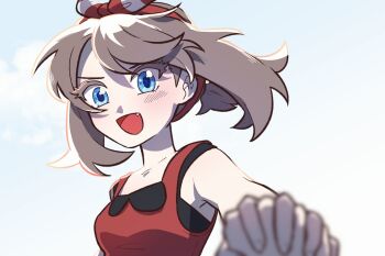 black_tank_top blue_eyes blush bow_hairband brown_hair day dda_sso fang hairband headphones may_(pokemon) medium_hair nintendo open_mouth outstretched_hand pokemon pokemon_adventures pov reaching reaching_towards_viewer red_hairband red_shirt shirt sky smile tank_top