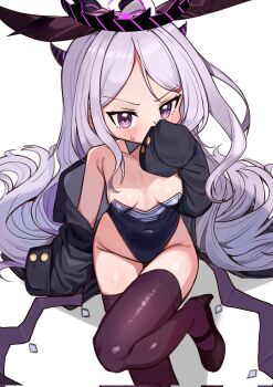 1girl black_thighhighs blue_archive blush breasts cleavage coat coat_partially_removed demon_girl demon_horns hand_on_own_face highres hina_(blue_archive) horns led_winter leotard loli long_hair long_sleeves navel purple_eyes sitting small_breasts solo thighhighs very_long_hair white_background white_hair