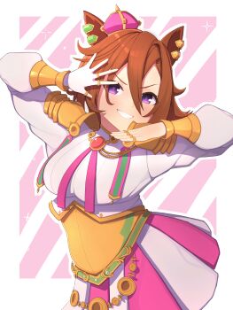 1girl animal_ears armor blush breasts ceo_of_disgrace corset crown ear_ornament ear_piercing gloves gold gold_corset grin hair_between_eyes higashikata_josuke&#039;s_pose highres horse_ears horse_girl jewelry jojo_pose long_sleeves looking_at_viewer medium_breasts mini_crown multiple_rings no_tail open_mouth orange_hair piercing pink_crown pink_skirt purple_eyes ribbon ring shirt short_hair shoulder_armor single_glove skirt smile solo star_(symbol) t.m._opera_o_(o_sole_suo!)_(umamusume) t.m._opera_o_(umamusume) teeth two-tone_skirt umamusume upper_body white_gloves white_skirt